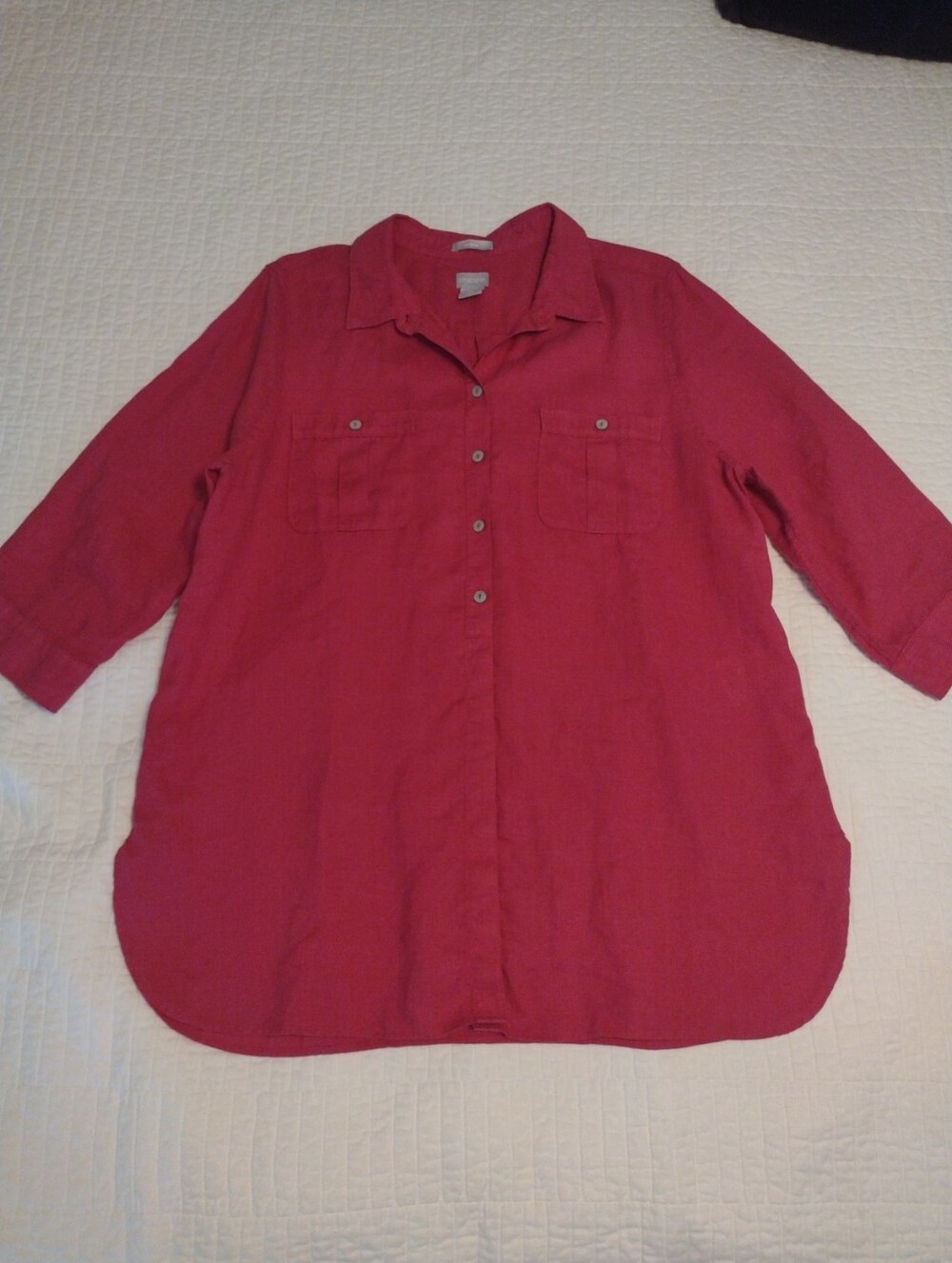Chico's 100% Linen Top XL (Sz 3) No Iron Collared 3/4 Sleeve Button Bright Pink